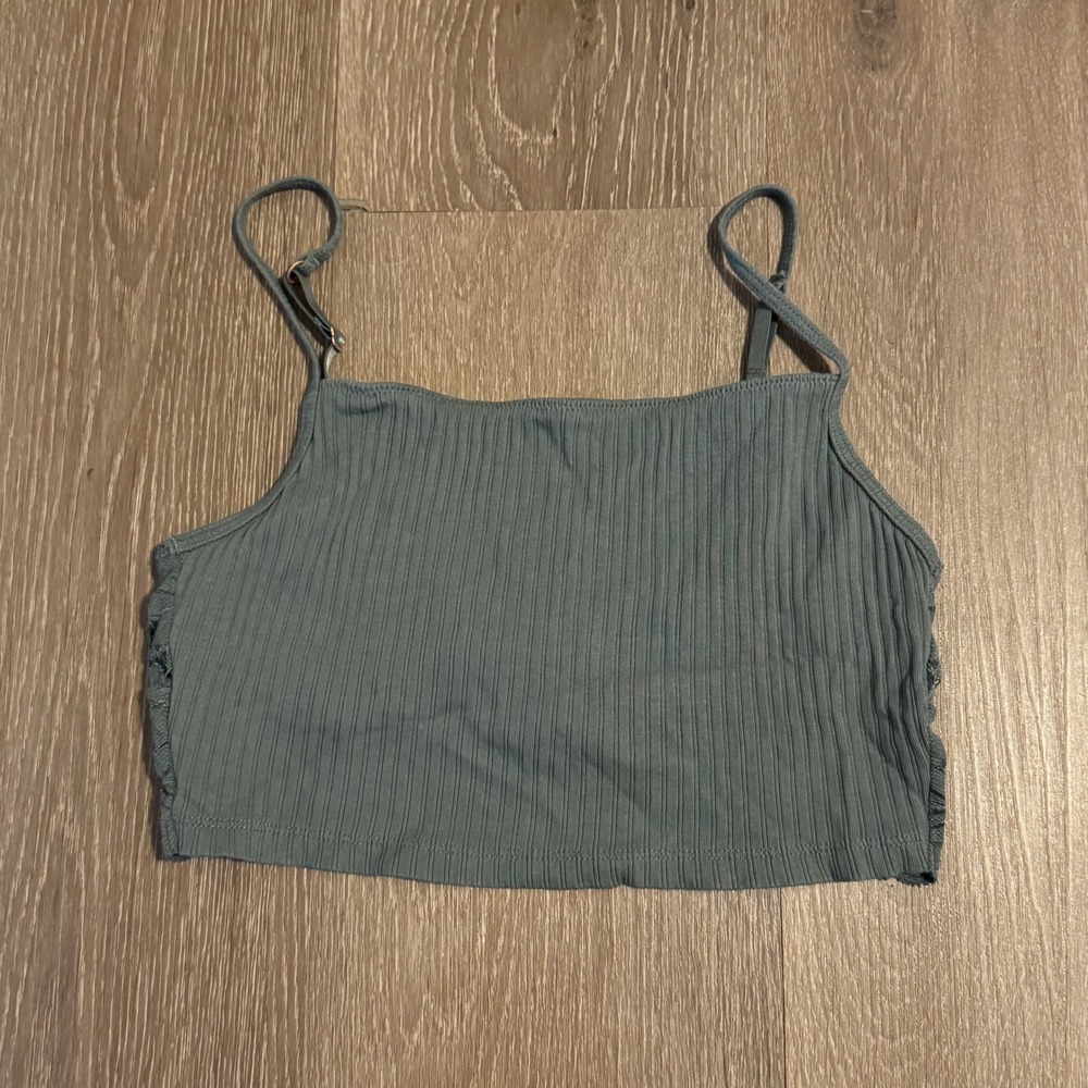 Aerie Beach Daze Lace Ribbed Bra Back Cami Crop Top Teal Blue Adjustable Straps